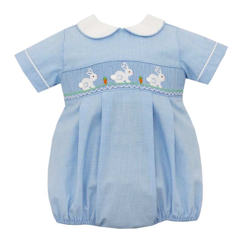 Blue Check Bubble With Smocked Bunnies